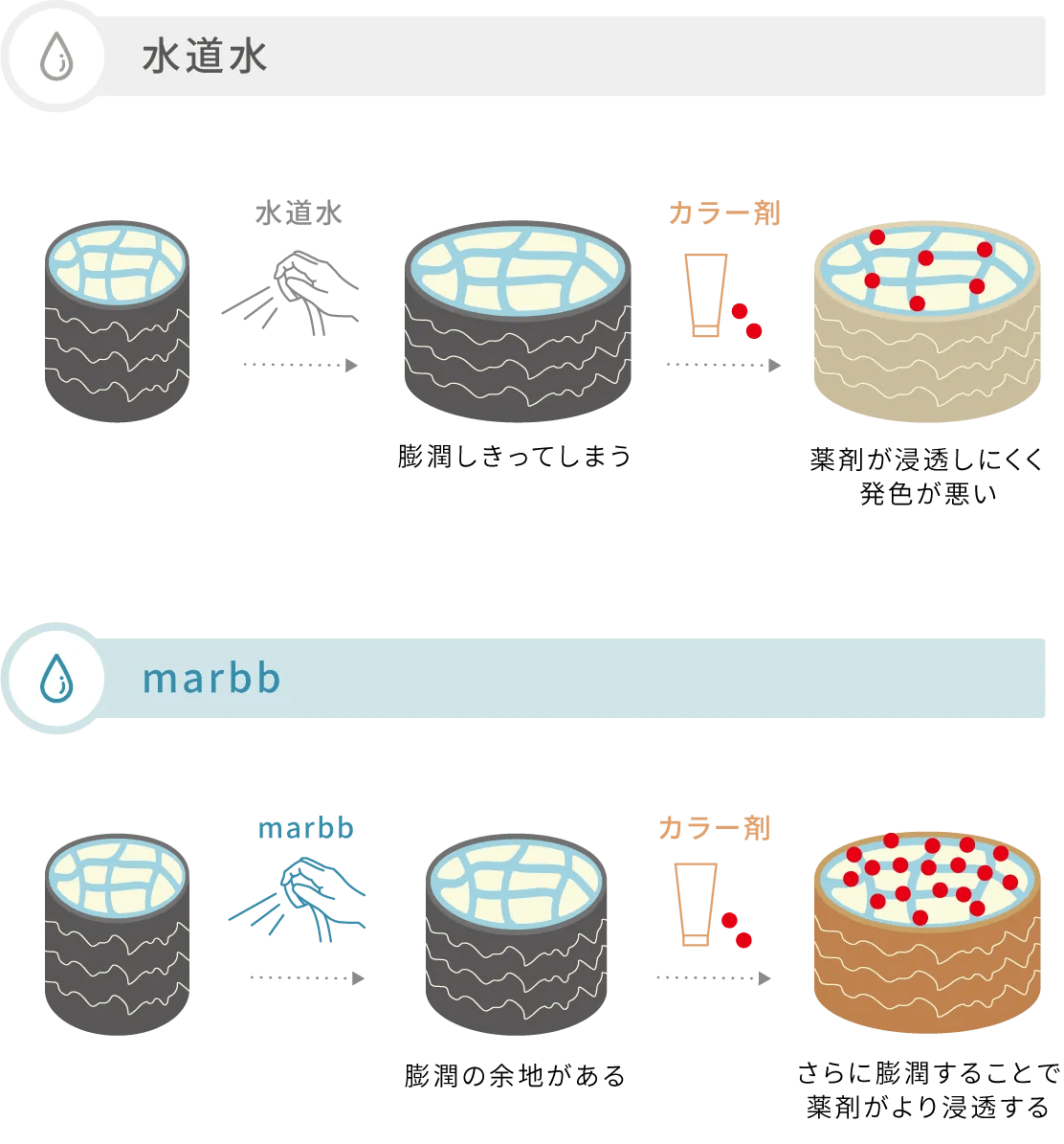 水道水とmarbbによる薬剤浸透の違いを示す公式図解