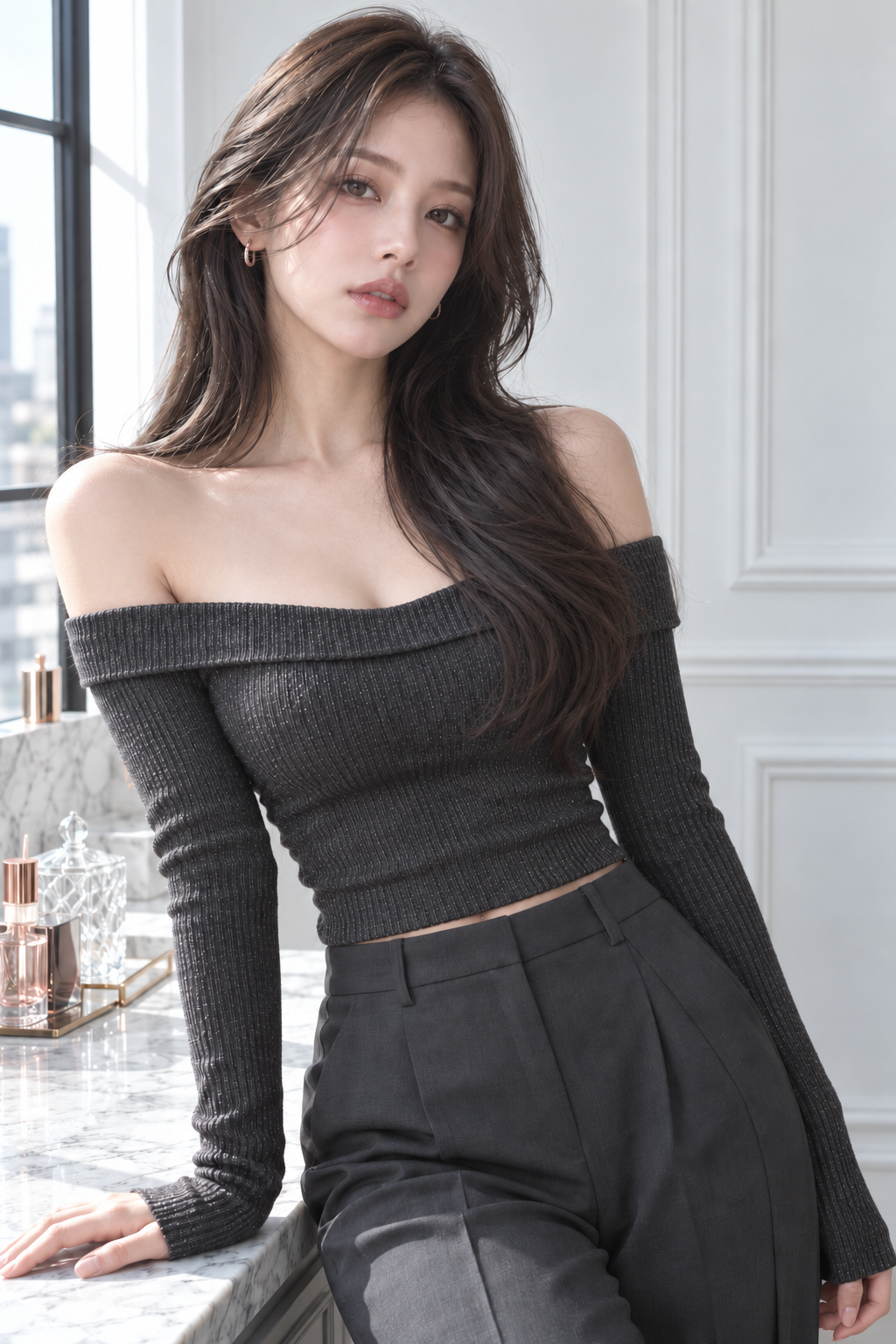 オフショルファッションと韓国風ロングレイヤーのモデル